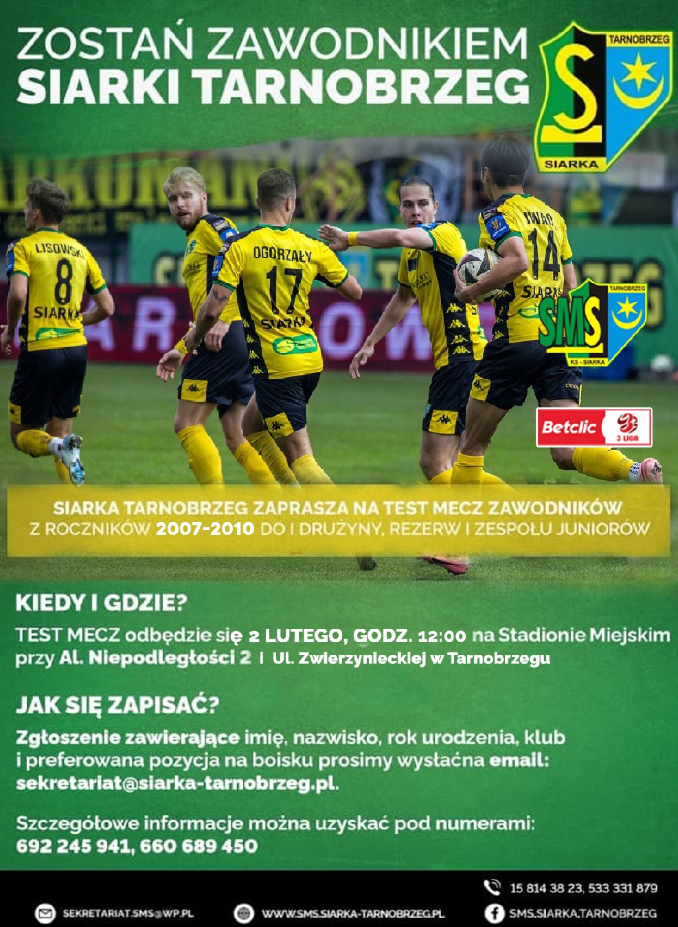 Zostań zawodnikiem SMS Siarki Tarnobrzeg. Test-mecz w niedzielę 2. lutego br.