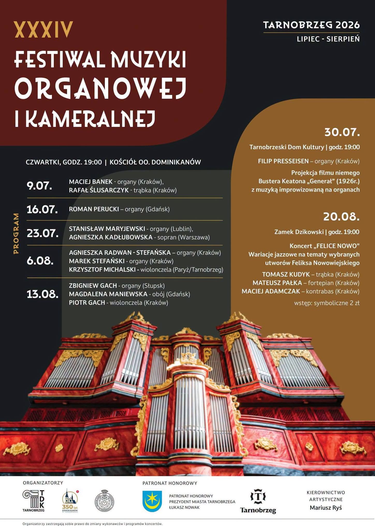 Program XXXIV Festiwalu Muzyki Organowej i Kameralnej w Tarnobrzegu