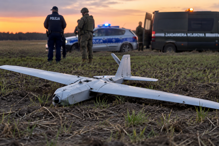 „Dron wojskowy – ilustracja wygenerowana przez AI. Nie przedstawia urządzenia znalezionego w Wydrzy” „Dron wojskowy – ilustracja wygenerowana przez AI. Nie przedstawia urządzenia znalezionego w Wydrzy”